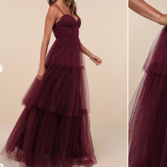 LULU's Prom Wedding Boho Sexy Flowy Elegant Tiered Ruffles Tulle Chic Dress - Picture 8 of 8